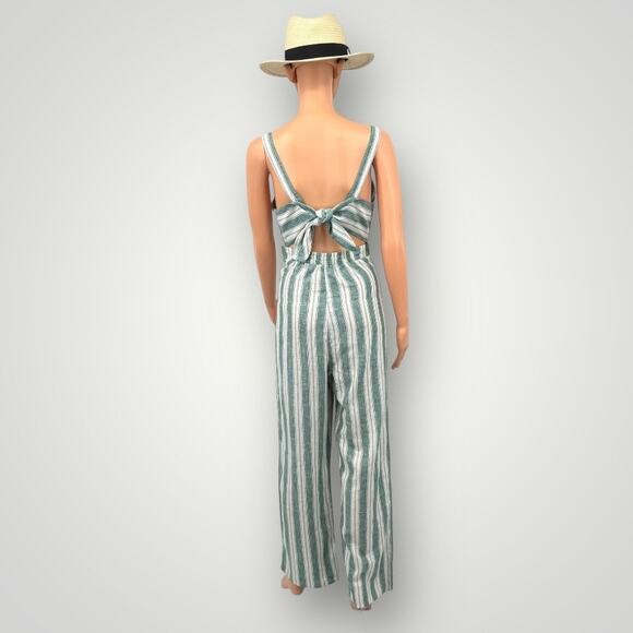 Womens Linen Blend Jumpsuit M Kelly Green Striped Wide Leg Sleeveless Tie Back - Picture 5 of 11